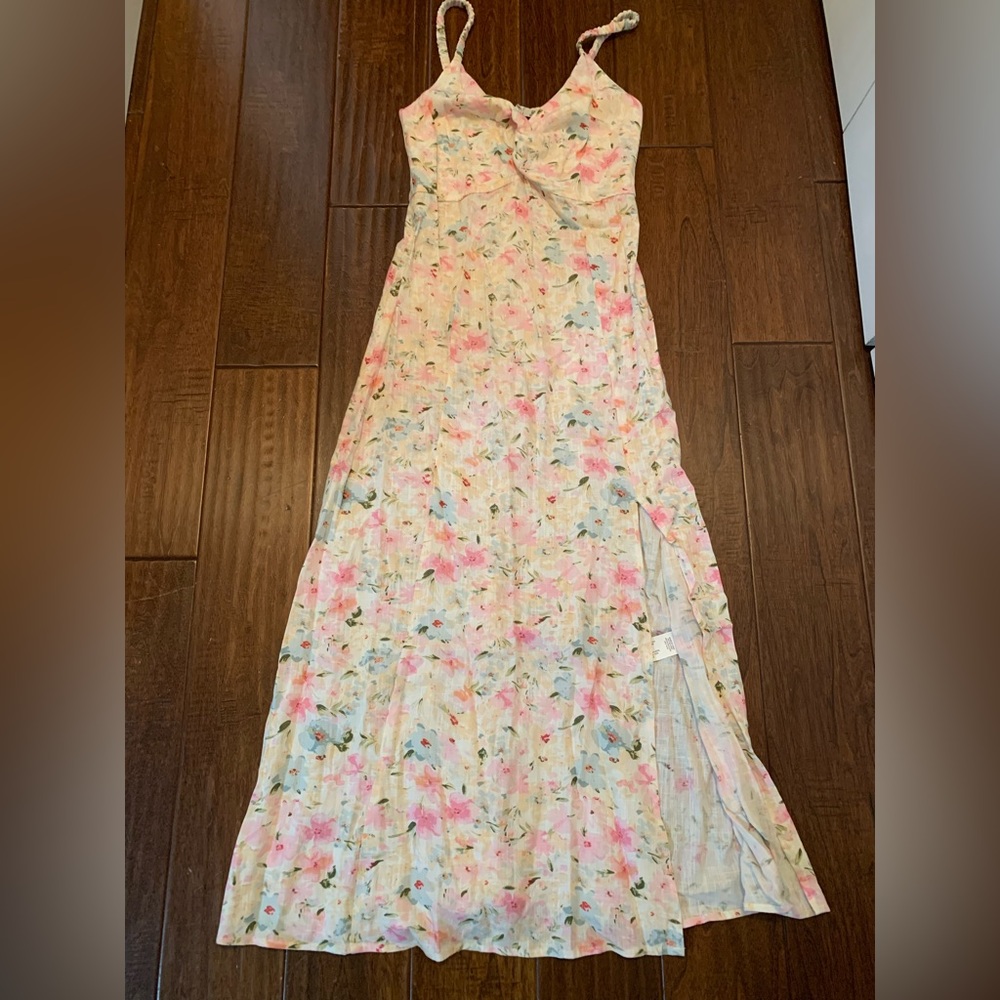 Dex Cream Floral Midi Dress with Pink & Blue Blossoms
